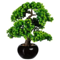 Künstliche Bonsai-Lärche, 7 Zweige, Grün, Ca. 48 Cm, Schwarzer Keramiktopf 18 X 11 Cm