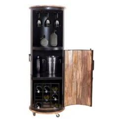 IRON Bar Auf Rollen Für 9 Flaschen, Mangoholz, Ca. 57 X 57 X H 165 Cm -Compo Verkaufsgeschäft 3980100387 IRON Bar auf Rollen mit Tuer Glashalter 9Flaschen 1 86949