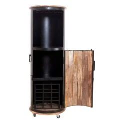 IRON Bar Auf Rollen Für 9 Flaschen, Mangoholz, Ca. 57 X 57 X H 165 Cm -Compo Verkaufsgeschäft 3980100387 IRON Bar auf Rollen mit Tuer Glashalter 9Flaschen 2 86948